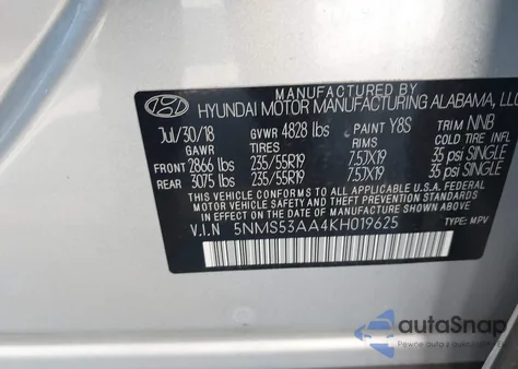 2019 Hyundai Santa Fe Limited 2.0T from USA, damaged, VIN 5NMS53AA4KH019625